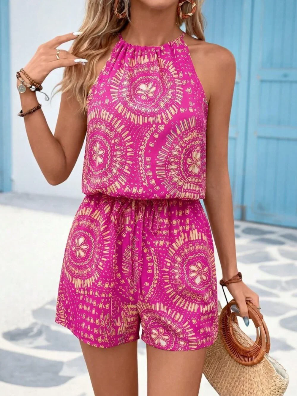 Pink Boho Women's Floral Print Drawstring Tie Romper - Picture 7 of 8
